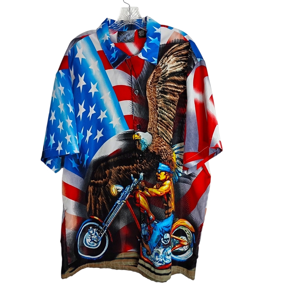 Sapphire Lounge Men's Patriotic Eagle & Motorcycle Print Button-Up- Blue/Red